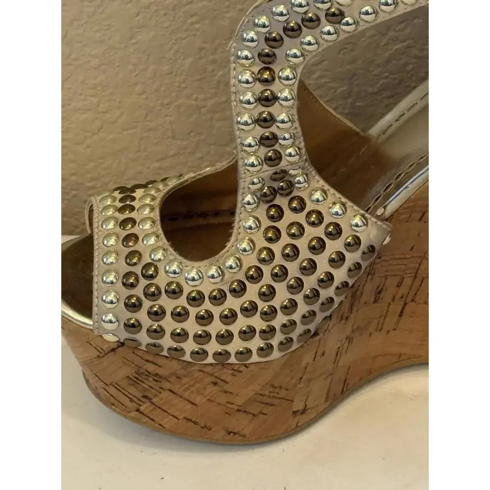 Bebe Studded Caitlyn Size 6 Gold Heel Sandal Wedges‎